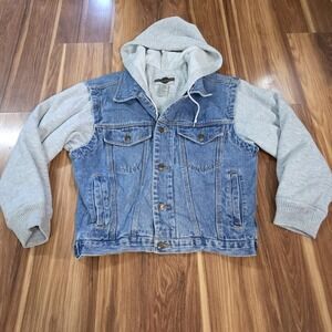 Out Brook Denim Jacket Womens Medium Blue Hooded Fleece Lined Button Front